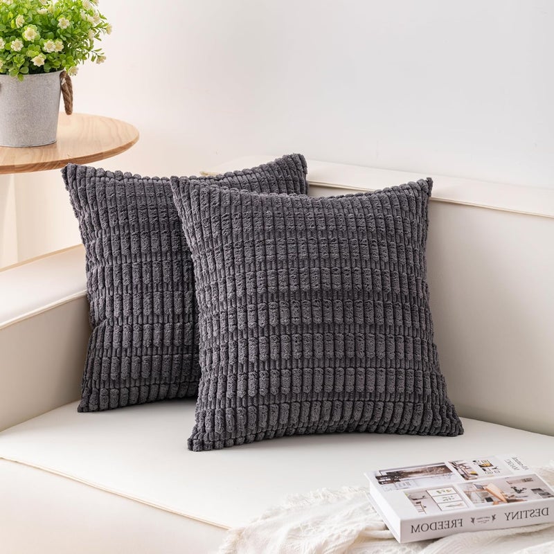 Aegero Pack of 2 Corduroy Decorative Throw Pillow Covers 18x18 InchSoft Boho Striped Pillow Covers Modern Farmhouse Home Decor for Sofa Living Room Couch Bed（Dark Grey） - Image 1