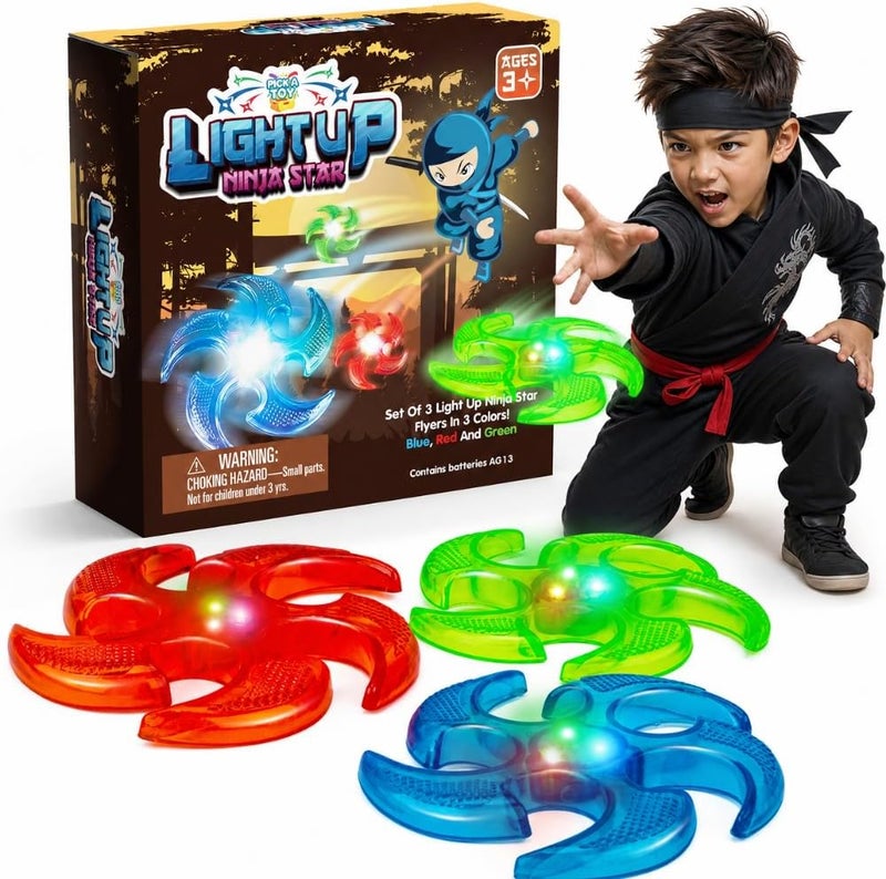 PICK A TOY Light Up Ninja Flyers Set, 3 LED Electronic Stars, Heavy Duty Rubber Throwing Discs, Fun and Interactive Kids for Tossing, Games, and Play, 3 Colors, Includes Gift Box - Image 2