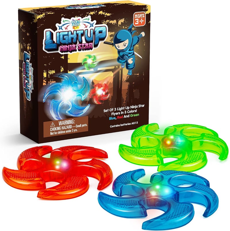 PICK A TOY Light Up Ninja Flyers Set, 3 LED Electronic Stars, Heavy Duty Rubber Throwing Discs, Fun and Interactive Kids for Tossing, Games, and Play, 3 Colors, Includes Gift Box - Image 1