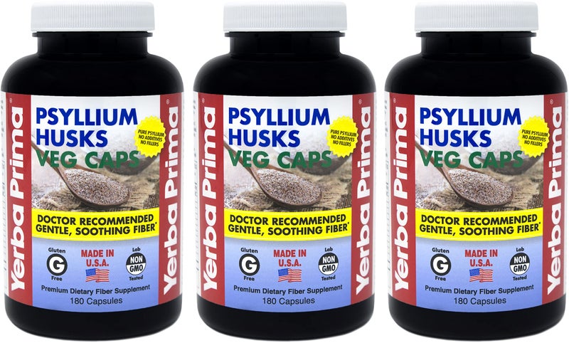 Yerba Prima Psyllium Husks Veg Caps 180 Count Pack of 3 Vegan NonGMO Gluten Free Colon Cleanser Daily Fiber Supplement for Gut Health Regularity
