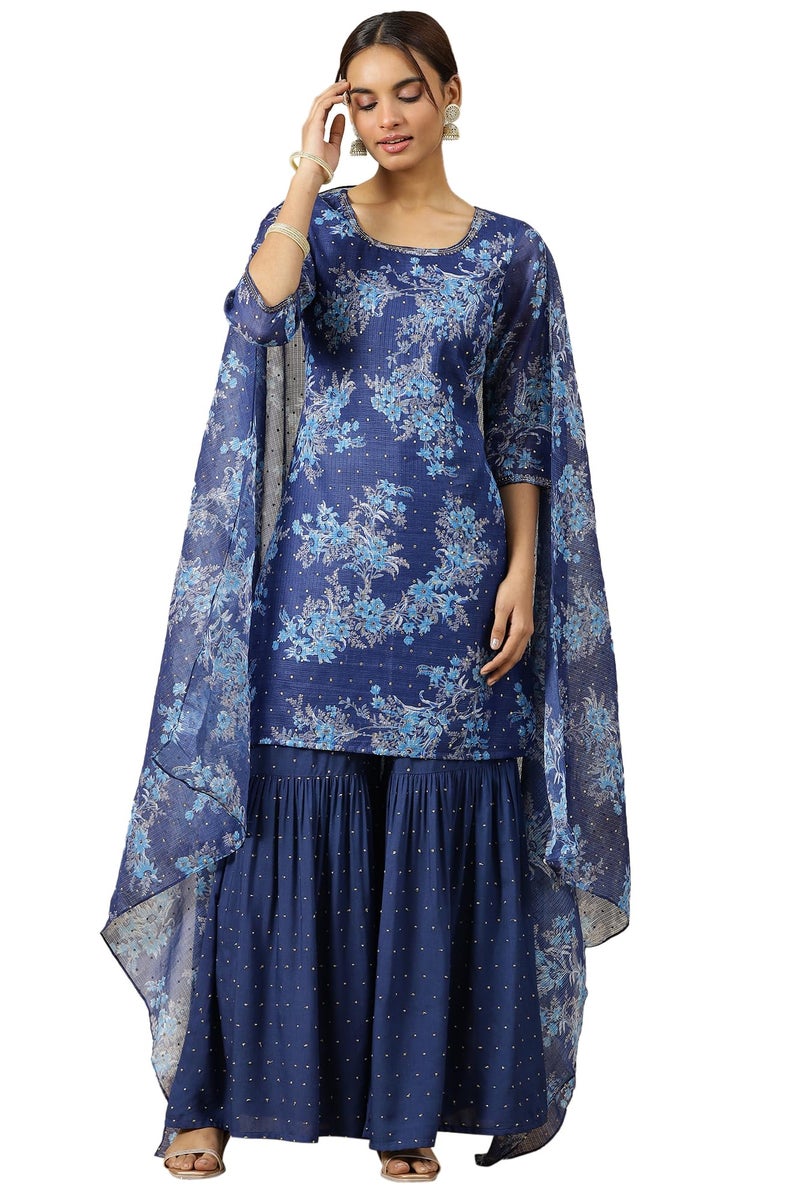 Aurelia Women’s Floral Printed Straight Kurta Set with Sharara and Dupatta for Women - Image 1
