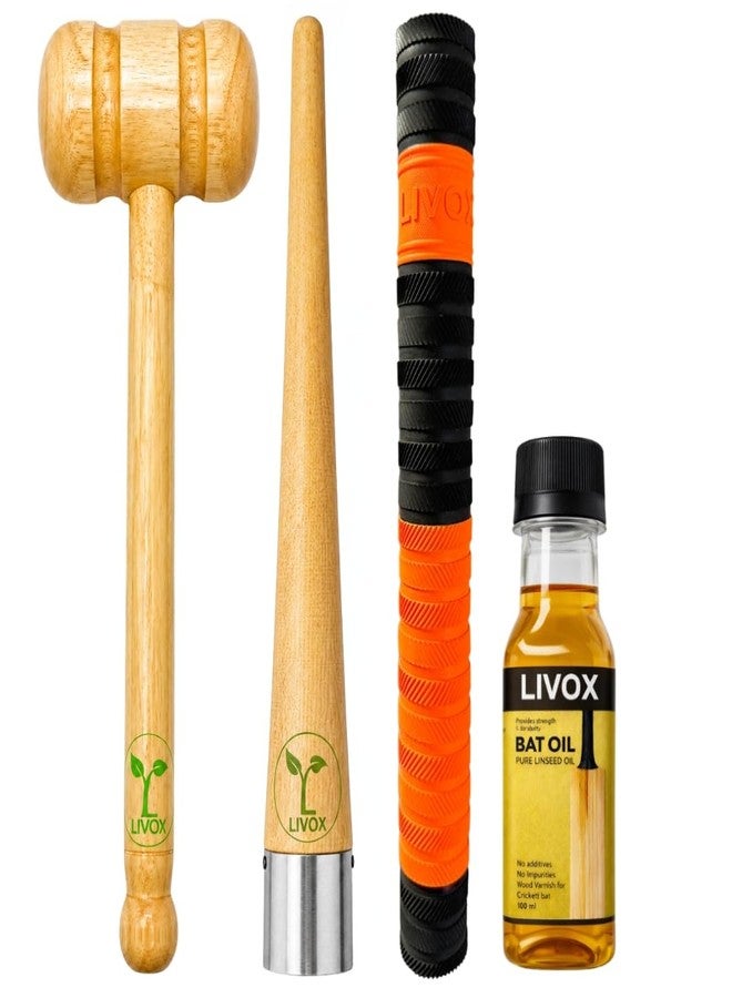 Livox Cricket Bat Double Sided Knocking Wooden Mallet with Cricket Bat Grip and Cone and Linseed Oil 100ml, Pack of 4 - Image 1