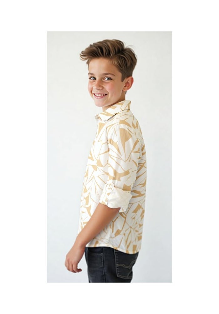 CHARCHIT Boys Spread Collar Full Sleeve Printed Shirt & T-Shirt in Gold - Image 3