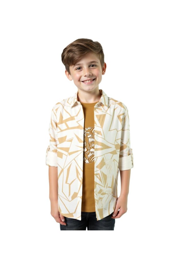 CHARCHIT Boys Spread Collar Full Sleeve Printed Shirt & T-Shirt in Gold - Image 1