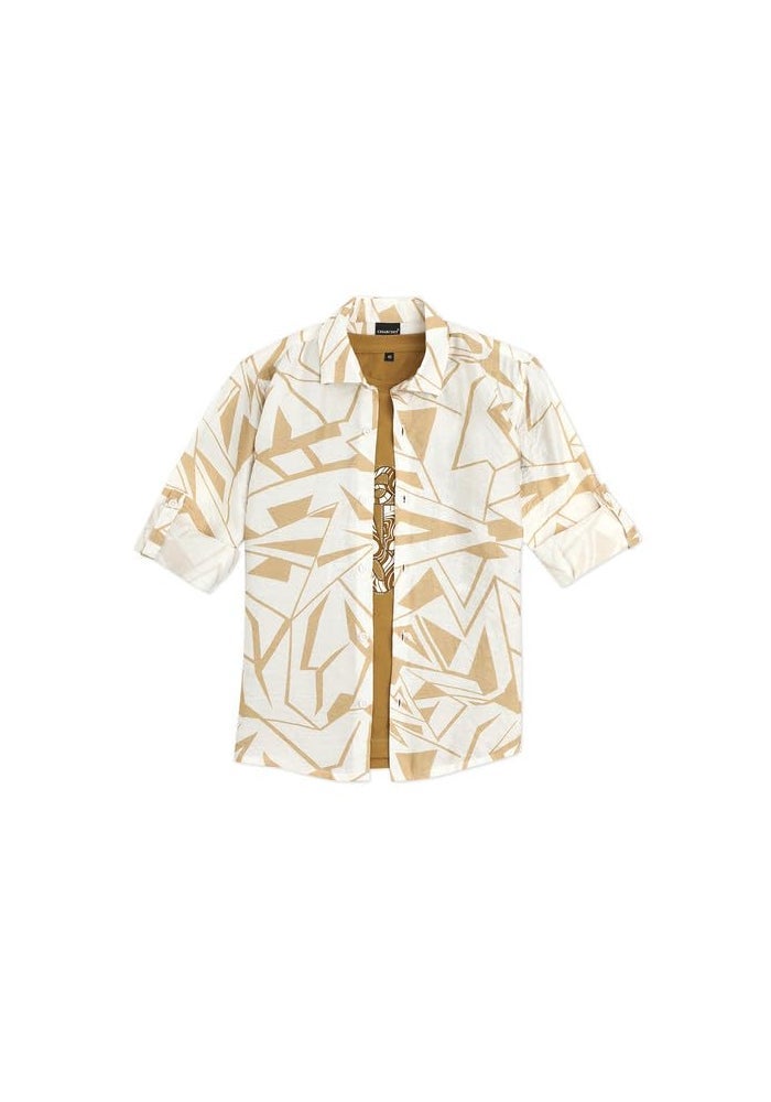 CHARCHIT Boys Spread Collar Full Sleeve Printed Shirt & T-Shirt in Gold - Image 4