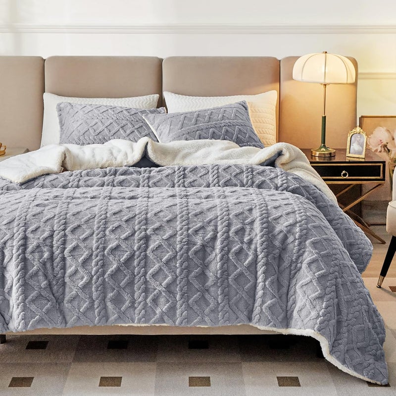 Joyreap 3-Piece Fluffy Sherpa Bedding Set with Faux Fur, Light Gray, Queen Size, Luxurious, Quilted Bedding Set, Ultra-Soft, Warm, Cold Weather, Plush Bedding Set, 223.5 x - Image 1