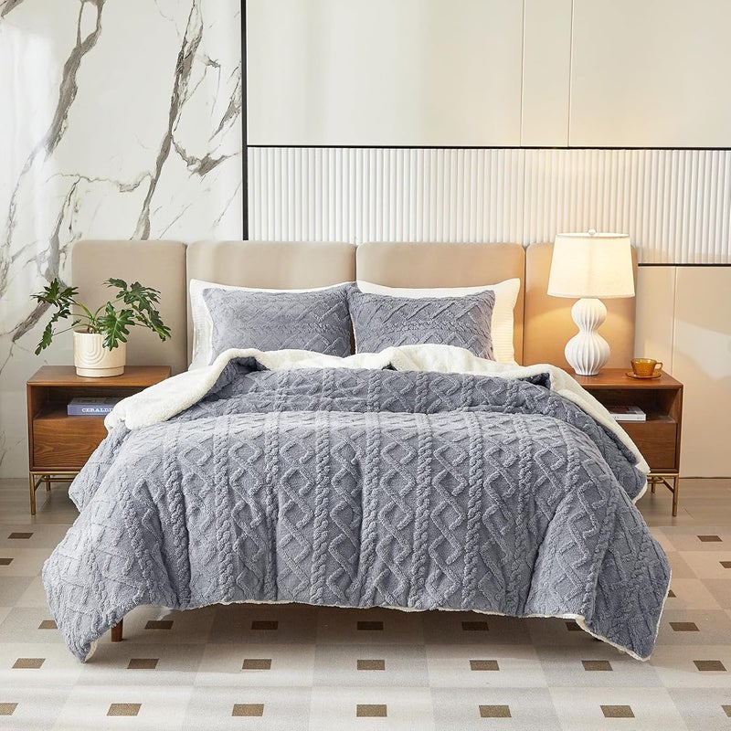 Joyreap 3-Piece Fluffy Sherpa Bedding Set with Faux Fur, Light Gray, Queen Size, Luxurious, Quilted Bedding Set, Ultra-Soft, Warm, Cold Weather, Plush Bedding Set, 223.5 x - Image 3