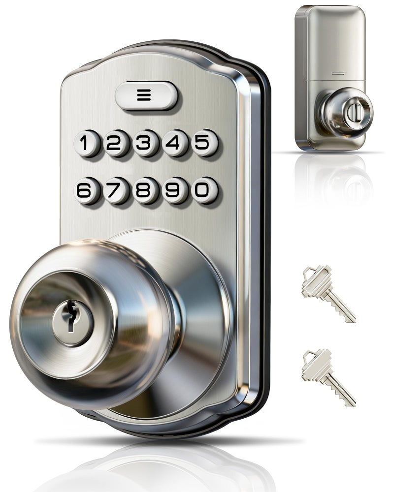 Veise Keypad Door Knob Lock, Keyless Entry Digital Lock with Handle, Electronic Smart Knob for Front Door & Bedroom, Easy Install, Auto Lock, Passage Mode, Anti-Peeping Password, Satin Nickel - Image 1