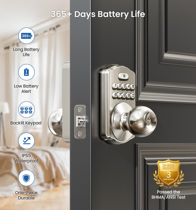 Veise Keypad Door Knob Lock, Keyless Entry Digital Lock with Handle, Electronic Smart Knob for Front Door & Bedroom, Easy Install, Auto Lock, Passage Mode, Anti-Peeping Password, Satin Nickel - Image 3