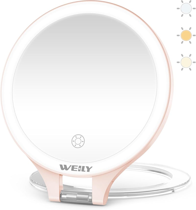 WEILY Magnifying Mirror with Light, 10X/1X Magnification Double-Sided Travel Makeup Mirror, with 3 Color Lights, Touch Control, Rechargeable Portable Mirror for Bedroom, Bathroom (Pink)