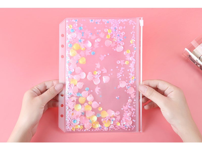 Zelten 3 Pack A5 6 Holes Binder Pockets Plastic Binder Zipper Folders Waterproof 6 Holes Zipper Loose Leaf Bags Zip Lock Envelope for Documents Notebooks Cards (Sequins Decorate Zip Pocket, A5) - Image 3