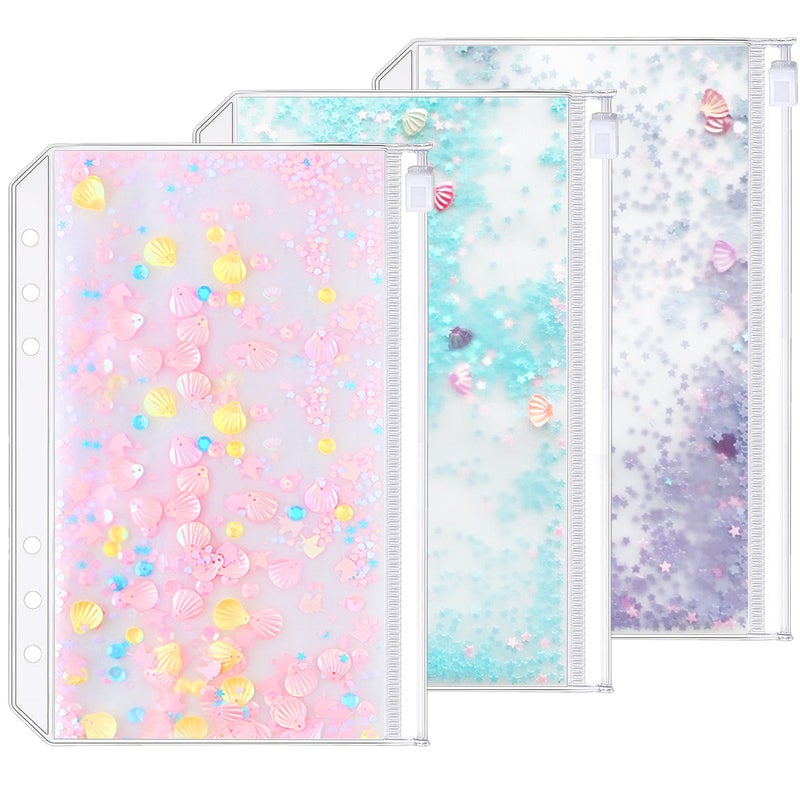 Zelten 3 Pack A5 6 Holes Binder Pockets Plastic Binder Zipper Folders Waterproof 6 Holes Zipper Loose Leaf Bags Zip Lock Envelope for Documents Notebooks Cards (Sequins Decorate Zip Pocket, A5) - Image 1