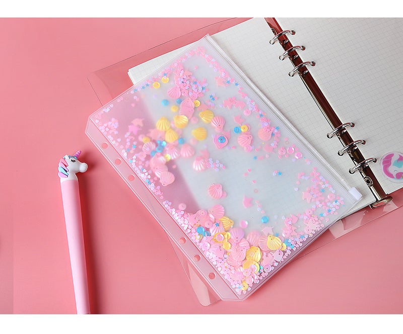Zelten 3 Pack A5 6 Holes Binder Pockets Plastic Binder Zipper Folders Waterproof 6 Holes Zipper Loose Leaf Bags Zip Lock Envelope for Documents Notebooks Cards (Sequins Decorate Zip Pocket, A5) - Image 2