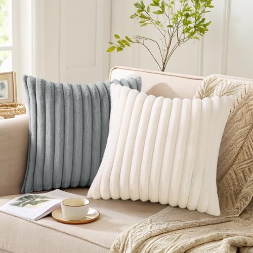 Pallene Faux Fur Plush Christmas Throw Pillow Covers 18x18 Set of 2, Luxury Soft Fluffy Striped Decorative Pillow Covers for Sofa, Couch, Living Room, Cream White - Image 5