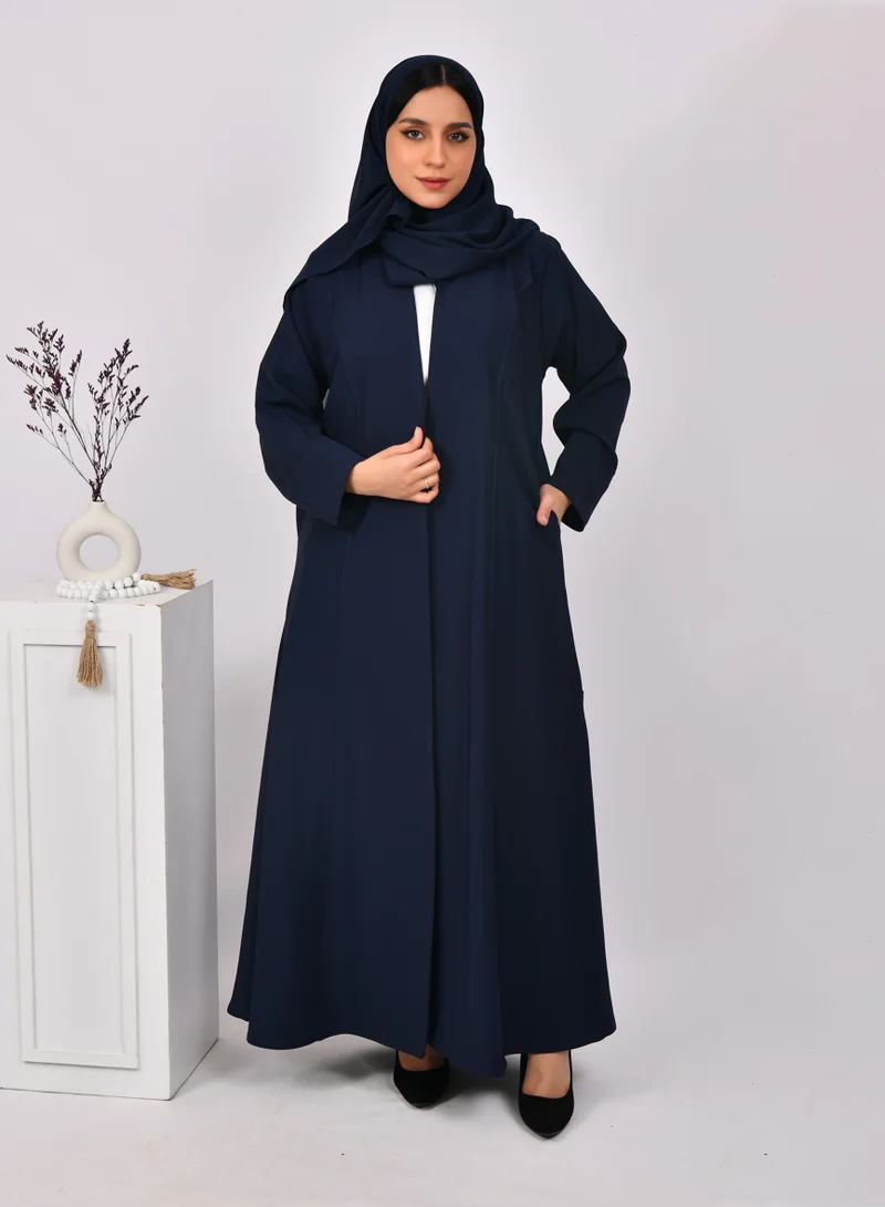HAWRAA ABAYA Navy blue quarter-cloche wrap abaya with detailed lines and hidden side pockets