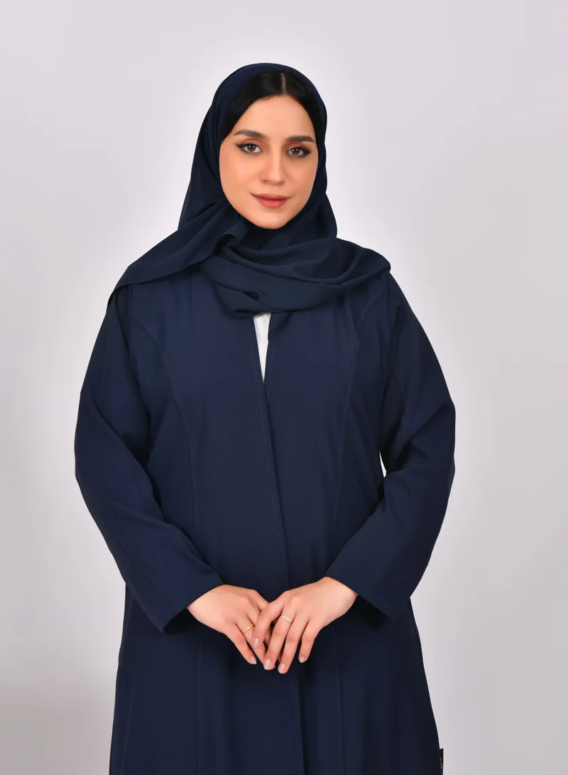 HAWRAA ABAYA Navy blue quarter-cloche wrap abaya with detailed lines and hidden side pockets