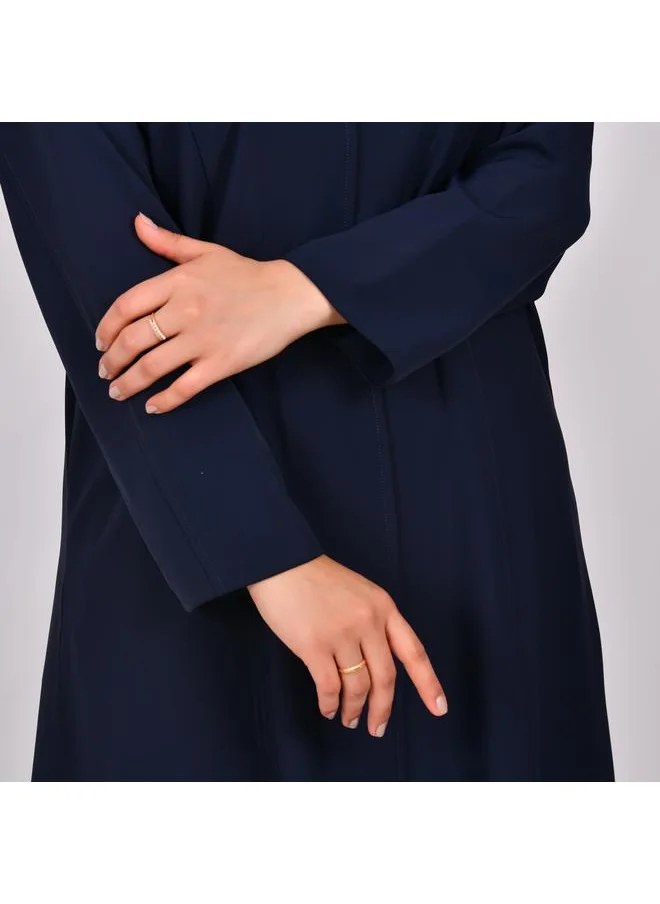 HAWRAA ABAYA Navy blue quarter-cloche wrap abaya with detailed lines and hidden side pockets