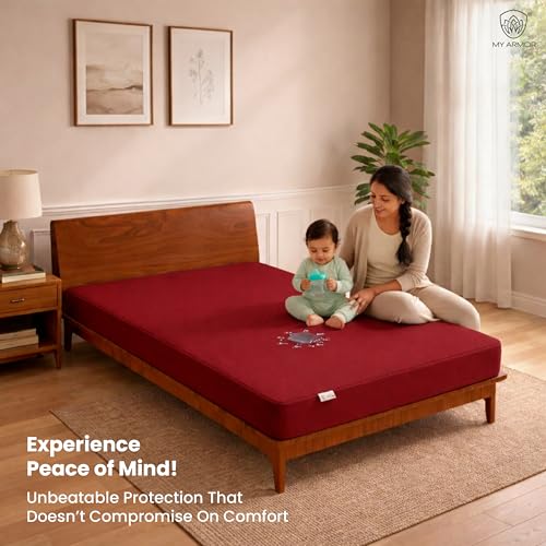 MY ARMOR Premium Ultra Soft Cotton Feel Mattress Protector Queen Size 78"x60", 6.5x5 feet, Double Bed Protector, Waterproof, Breathable, 2 Layer Protection, Hypoallergenic, Elastic Skirting - Maroon - Image 3