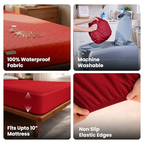 MY ARMOR Premium Ultra Soft Cotton Feel Mattress Protector Queen Size 78"x60", 6.5x5 feet, Double Bed Protector, Waterproof, Breathable, 2 Layer Protection, Hypoallergenic, Elastic Skirting - Maroon - Image 4