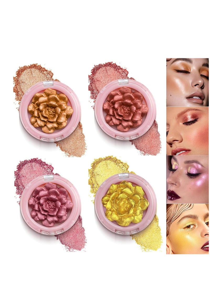 KASTWAVE 4PCS Highlighter Palette, Highlighting Powder, 3D Rose Blush, Body Luminizer Highlighter Face Makeup, Pressed Shimmer Body Glow Face Powder, Glossy Long Lasting Highlighters Makeup - Image 1