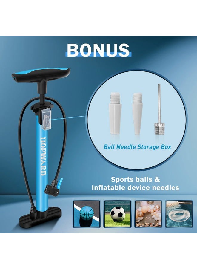 Topward Bicycle Floor Pump, Portable Bike Tyre Pump for Mountain Road Cycling - Fits Presta Schrader Valve, Mini Cycle Air Pump for MTB Football Basketball Air Cushion, Ball Pump with Needle - Blue - Image 2