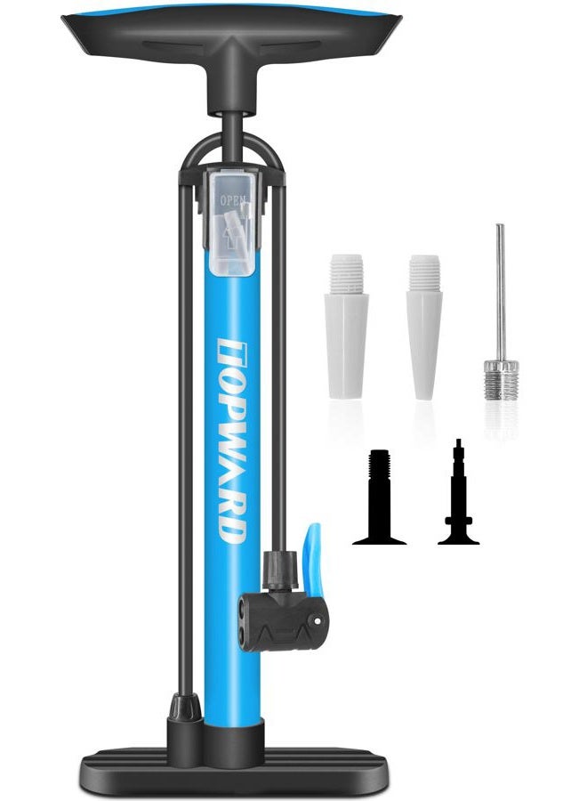 Topward Bicycle Floor Pump, Portable Bike Tyre Pump for Mountain Road Cycling - Fits Presta Schrader Valve, Mini Cycle Air Pump for MTB Football Basketball Air Cushion, Ball Pump with Needle - Blue - Image 1