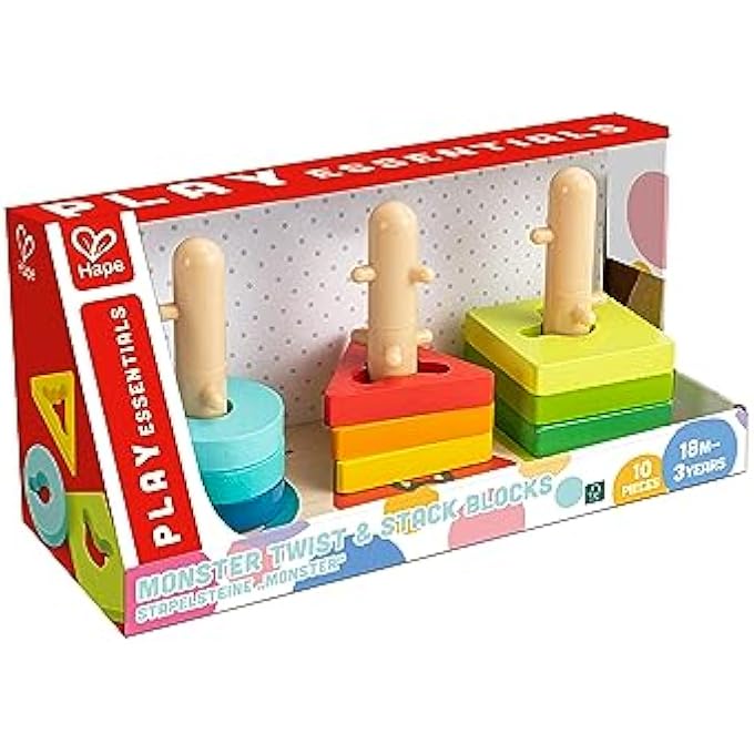 MONSTER FACE STACKING TOWER – WOODEN TWIST & TURN STACKING TOY WITH PEGS FOR FINE MOTOR SKILLS, COLOR & S RECOGNITION | WITH BASE, TOWERS & 9 BLOCKS | FUN DEVELOPMENTAL TOY FOR TODDLERS 18M+ - Image 2