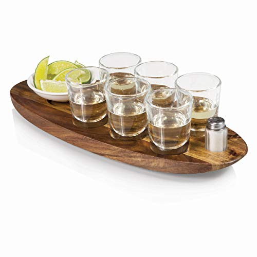 PICNIC TIME LEGACY - a Picnic Time brand - Cantinero Shot Glass Set with Tray - Tequilla Shot Glasses - Cocktail Serving Tray, (Acacia Wood) - Image 1