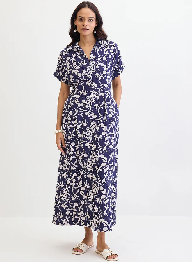 Femmella Femmella Blue Floral Print Shirt Maxi Dress