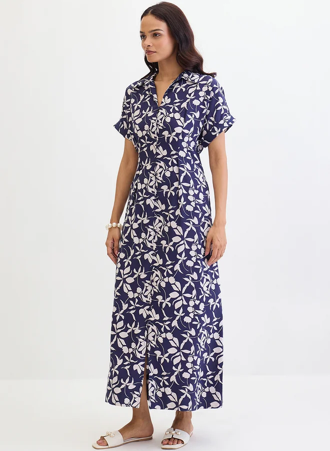 Femmella Femmella Blue Floral Print Shirt Maxi Dress