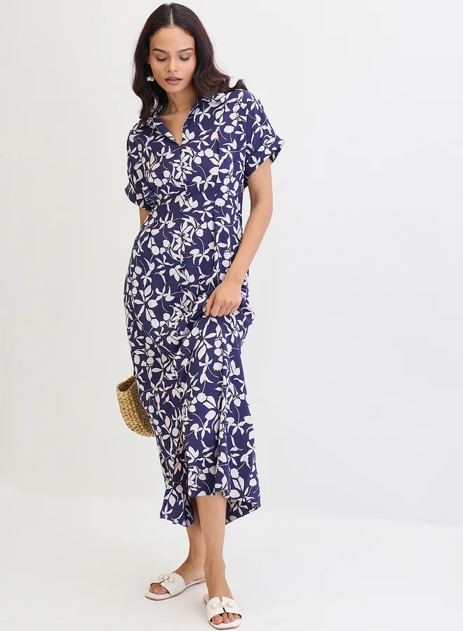 Femmella Femmella Blue Floral Print Shirt Maxi Dress
