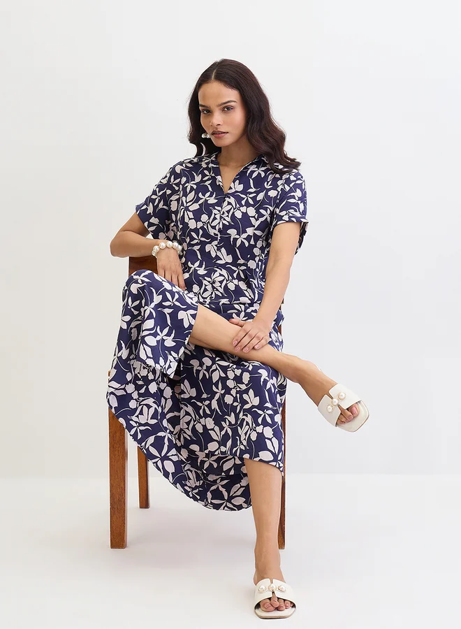 Femmella Femmella Blue Floral Print Shirt Maxi Dress