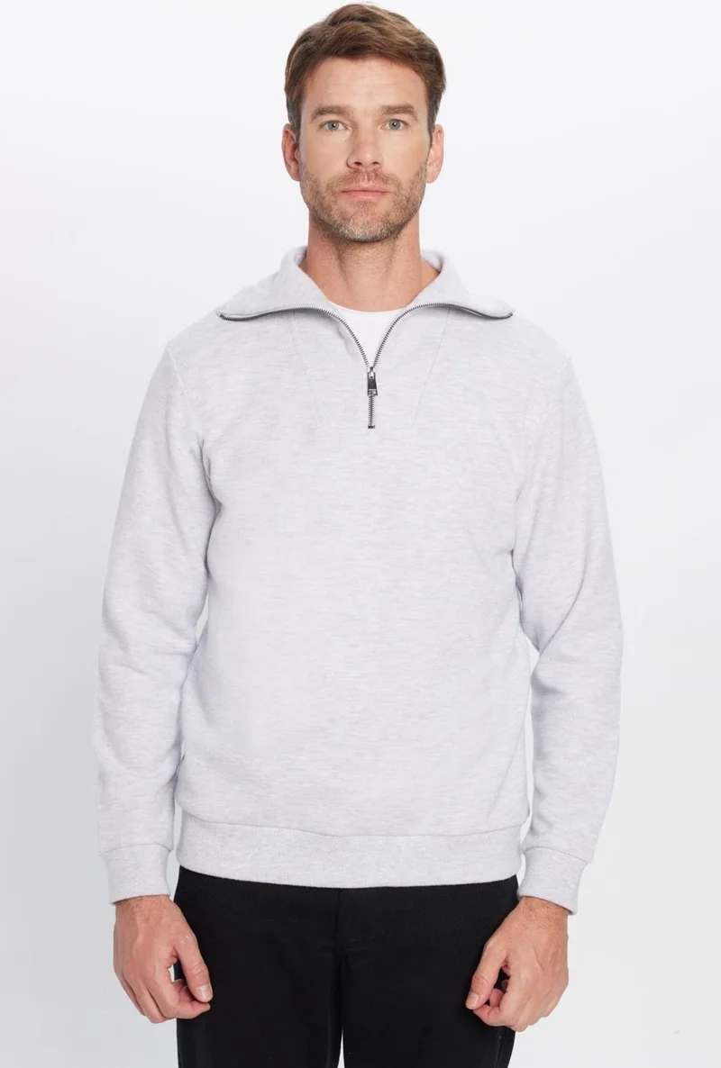 تودورس Relax Fit Comfortable Cut Ribbed Patterned Cotton Half Zipper Gray Stand Collar Sweatshirt