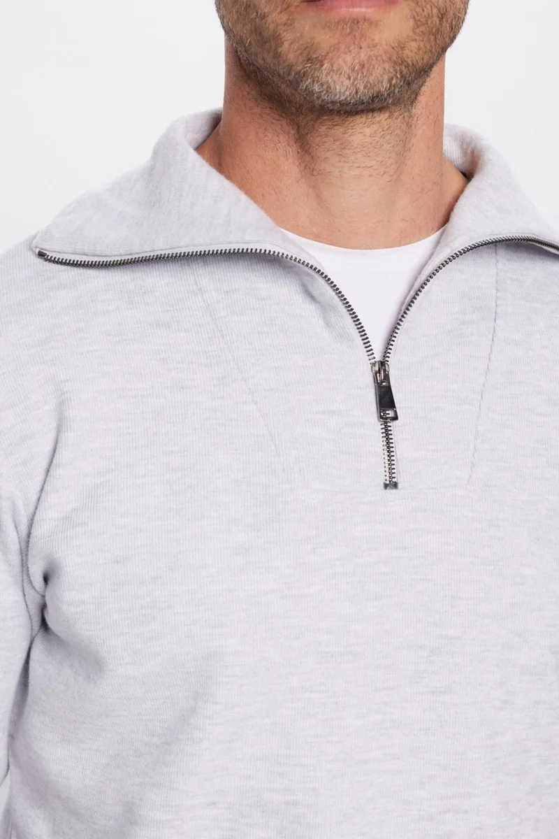 تودورس Relax Fit Comfortable Cut Ribbed Patterned Cotton Half Zipper Gray Stand Collar Sweatshirt