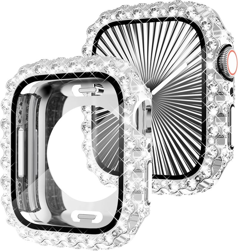 FULLIFE 2 in 1 Waterproof Bling Case Compatible for Apple Watch Series 10 46mm,Women Lace Full Diamond Screen Protector Face Cover for iWatch 46mm,Silver - Image 1