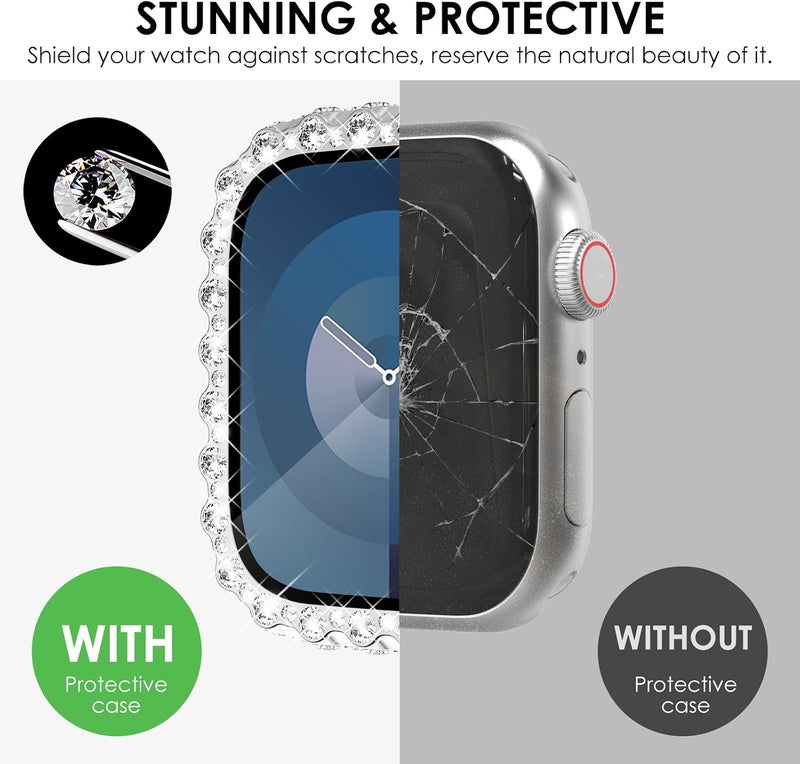 FULLIFE 2 in 1 Waterproof Bling Case Compatible for Apple Watch Series 10 46mm,Women Lace Full Diamond Screen Protector Face Cover for iWatch 46mm,Silver - Image 4