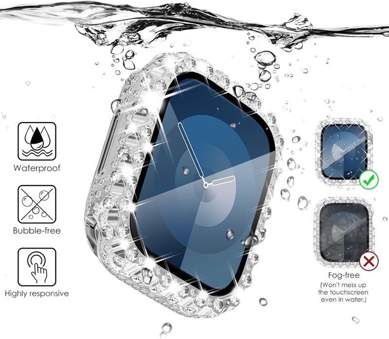 FULLIFE 2 in 1 Waterproof Bling Case Compatible for Apple Watch Series 10 46mm,Women Lace Full Diamond Screen Protector Face Cover for iWatch 46mm,Silver - Image 2