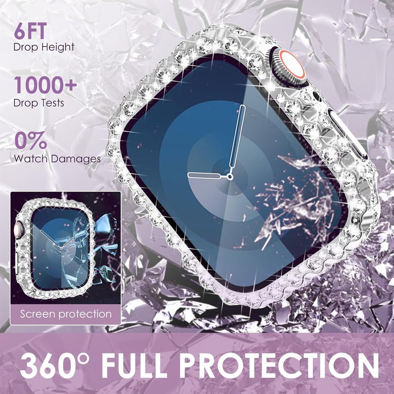 FULLIFE 2 in 1 Waterproof Bling Case Compatible for Apple Watch Series 10 46mm,Women Lace Full Diamond Screen Protector Face Cover for iWatch 46mm,Silver - Image 3