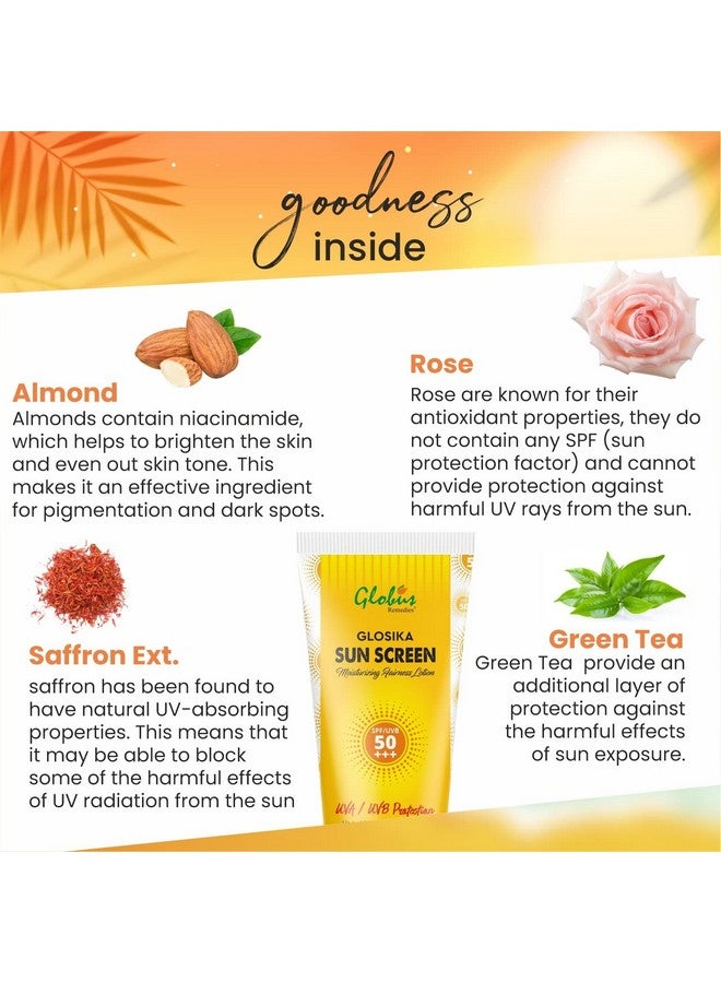 Globus Remedies Glosika Sunscreen Lotion, Spf 50 Pa+++ Up To 12Hrs Protection With Almond & Rose Extract (Pack Of 2) - Image 5