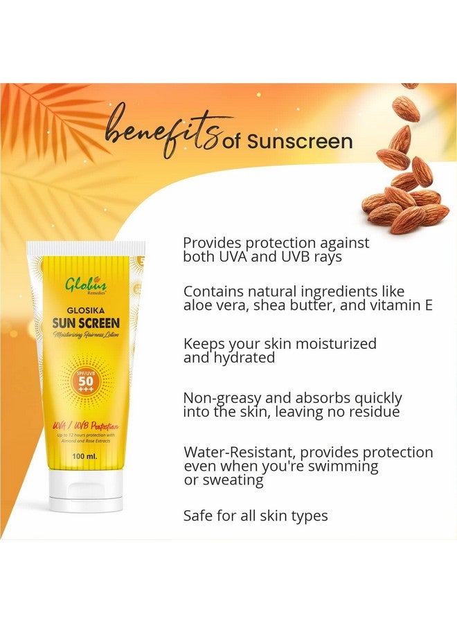 Globus Remedies Glosika Sunscreen Lotion, Spf 50 Pa+++ Up To 12Hrs Protection With Almond & Rose Extract (Pack Of 2) - Image 3