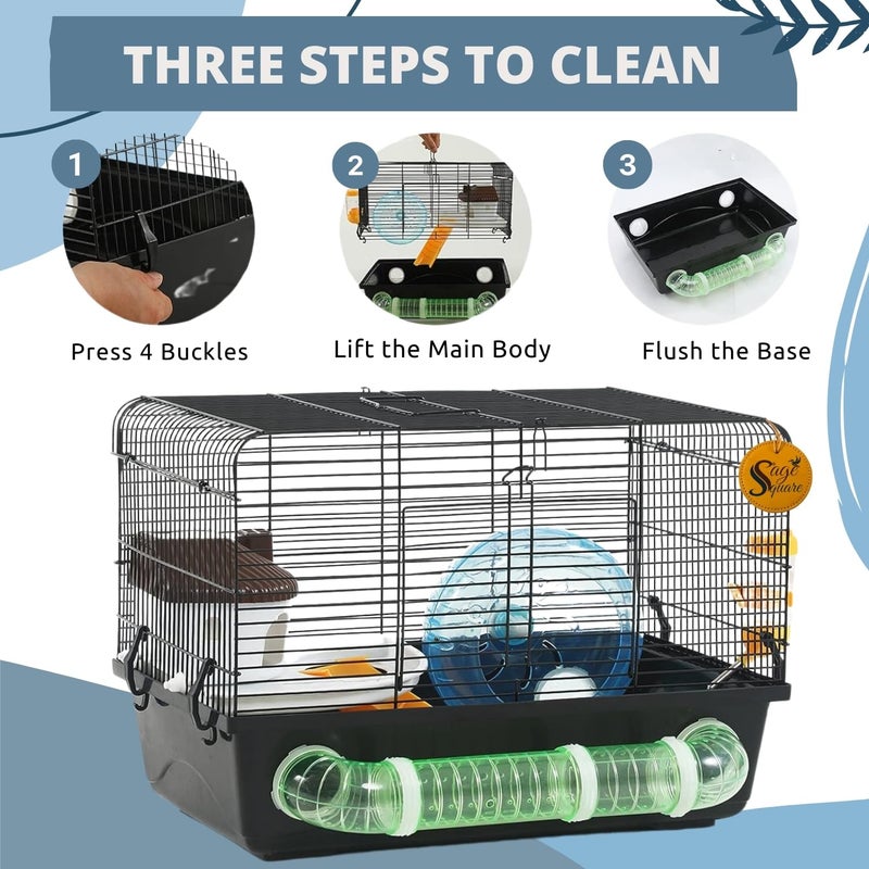 Sage Square قفص هامستر - موطن واسع وقوي للحيوانات الأليفة الصغيرة، مثالي للسفر، عجلة تمرين، سهل التنظيف، نظام قفل آمن، تهوية، ملحقات ممتعة، جربيل، فأر (النوع 1) - Image 5