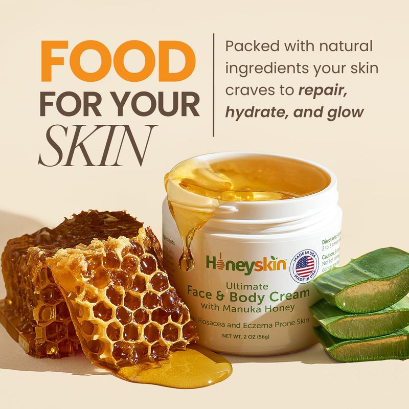 Honeyskin Hydrating Face Moisturizer & Body Cream with Manuka Honey Cream - Organic Face Moisturizer with Honey for Extremely Dry Skin - for Dry & Itchy Skin, Rosacea & Eczema Prone Skin 2oz - Image 2