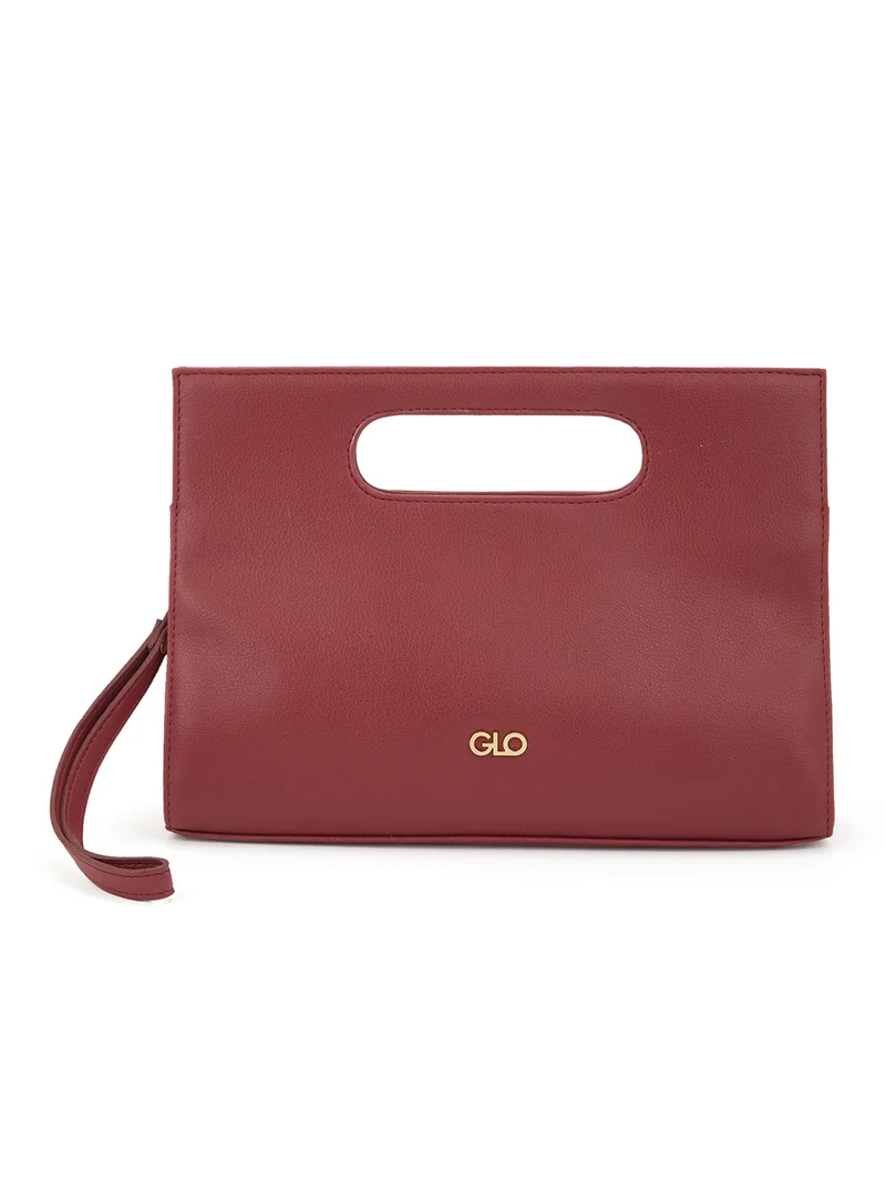 جلو باص حقيبة يد نسائية جلد نباتي عنابي بنقوش مع حزام معصم قابل للفصل