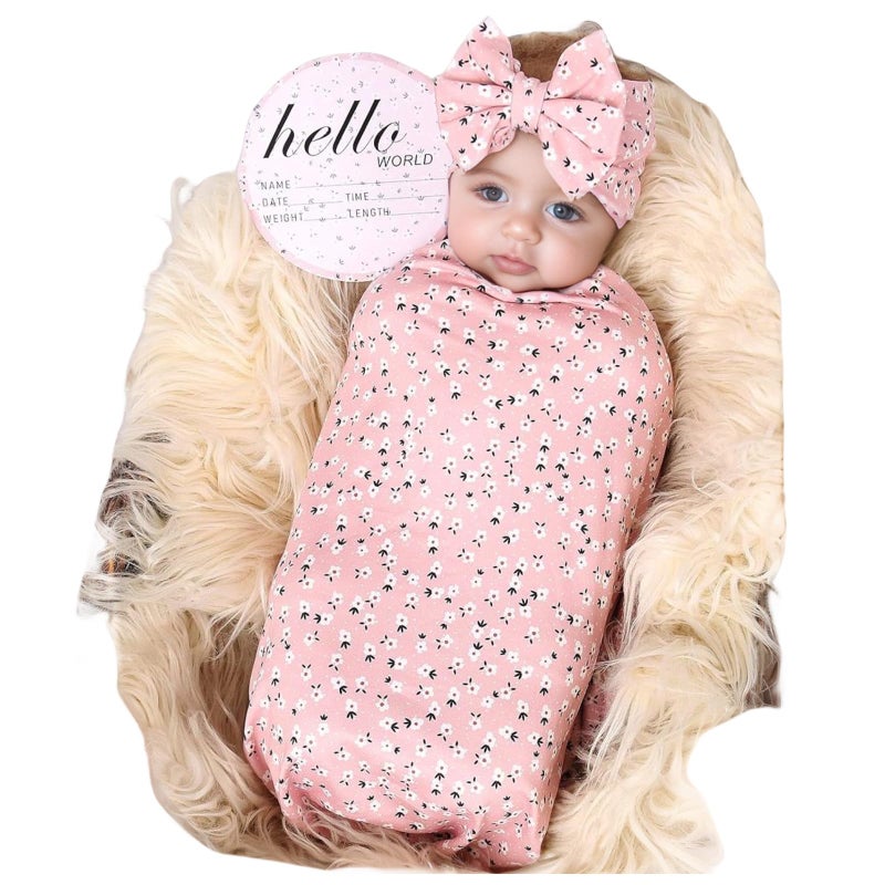 Galabloomer Receiving Blanket Headband Set Flower Print Baby Swaddle Blankets - Image 1