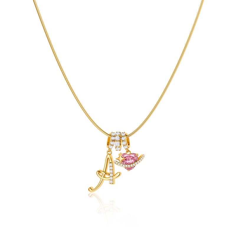 Robaice 14K Gold Plated Initial Necklace for Women, Pink Planet Heart Letter Pendant with Round Herringbone Chain, Non-Tarnish Jewelry Gift for Her, Style A - Image 1
