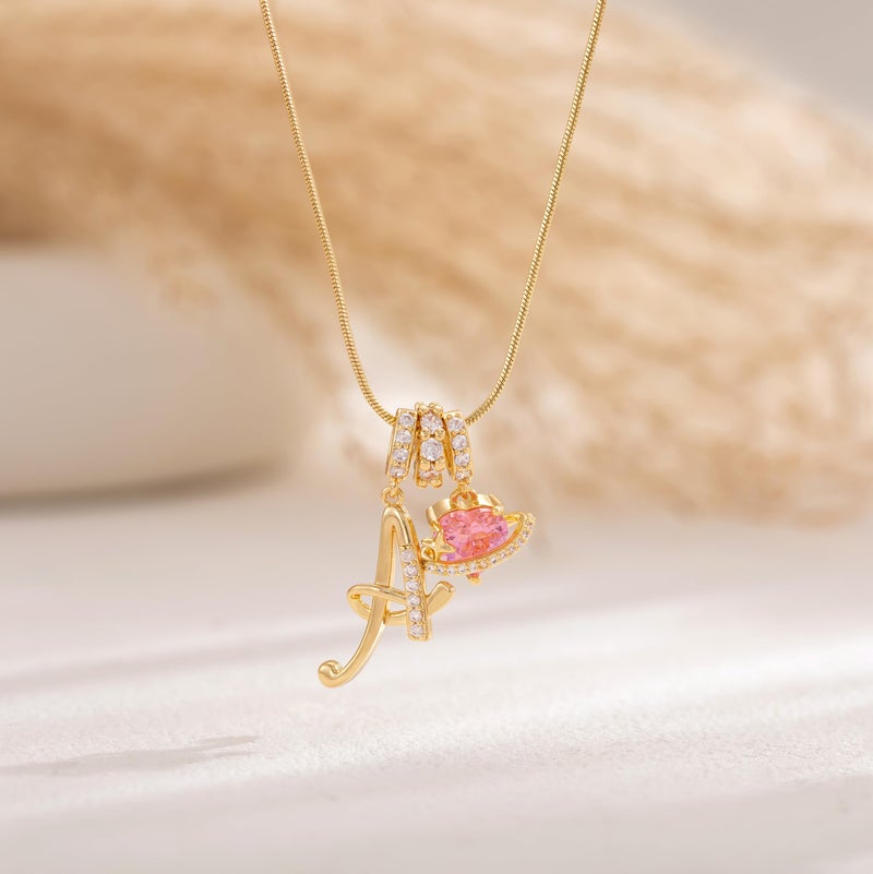 Robaice 14K Gold Plated Initial Necklace for Women, Pink Planet Heart Letter Pendant with Round Herringbone Chain, Non-Tarnish Jewelry Gift for Her, Style A - Image 5