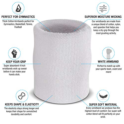 Suddora Arm Sweatbands, Absorbent and Breathable Thick Cotton Bands for Working Out, Gymnastics, Basketball, Tennis, and Football, Multiuse 4-inch Wristbands for Costumes and Cosplay, White - Image 2