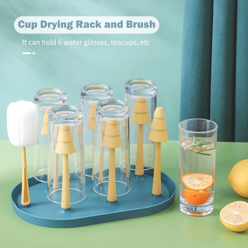 Blue Cup Drying Rack 6-Capacity With Drain Tray - Non-slip Rubber Head Glass Holder for Kitchen Countertop Storage - Image 3