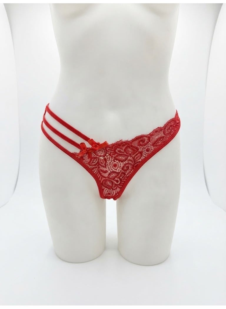 Vibrant Red Floral Lace Multi-Strap Thong with Bows