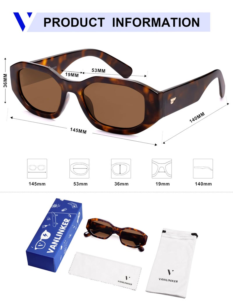 VANLINKER Trendy Polarized Hexagon Sunglasses for Women Men Retro 90s Rectangle Shades Vintage Square Frame VL9887, Tortoiseshell Frame Brown Lens - Image 5